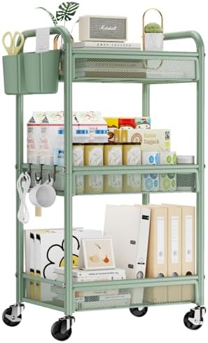 YASONIC 3 Tier Metal Rolling Cart, Green Utility Storage Cart with Wheels by YASONIC
