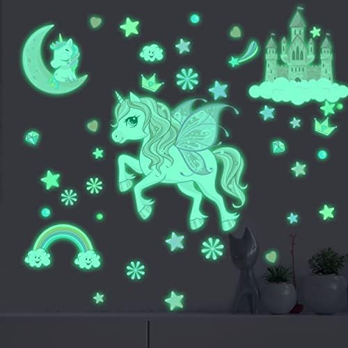 Glow in The Dark Stars Unicorn Wall Decals, Castle Moon Rainbow Stickers for Ceiling, DIY Unicorn Wall Decor for Nursery Girls Playroom, Kids Christmas Birthday Party Decoration - Image 2
