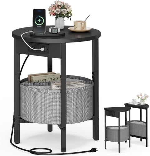 VAGUSICC Round Side Table with Charging Station, Small Round Accent End Table with Fabric Basket, Set of 2 Half Moon Tables Coffee Table, Bedside Table, Modern Nightstand for Living Room Bedroom,Black by Vagusicc