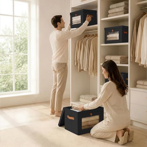 Homsorout Storage Bins with Lids - Front Opening Storage Box with Clear Window & Handles, Stackable Foldable Fabric Bins for Closet Organization, Clothes, Sweaters, Towels, Blankets, 3 Pack, Black - Image 6