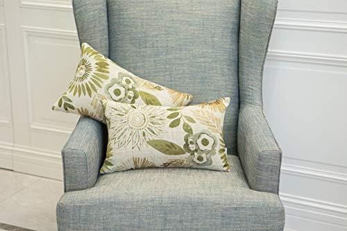 Mika Home Pack of 2 Decorative Oblong Rectangular Throw Pillow Cover Cushion Cases for Chair,Sunflower Pattern,12x20 Inches, Green Cream - Image 5