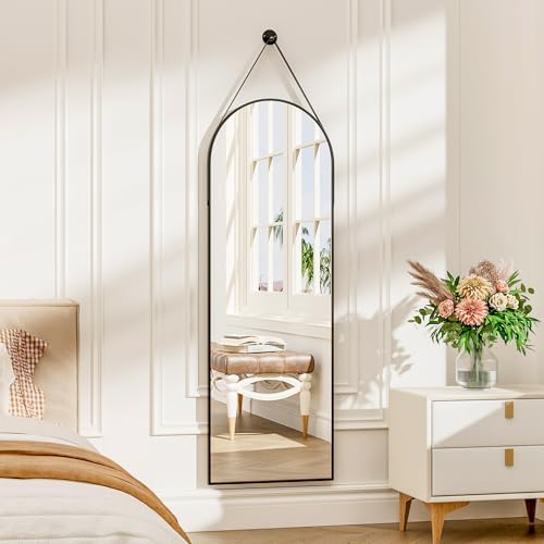 48"x16" Hanging Mirror with Leather Strap,Arched Full Length Mirror with Aluminum Frame Wall-Mounted Hanging Mirrors for Bathroom Vanity Living Room Bedroom Entryway Décor, Black by TinyTimes
