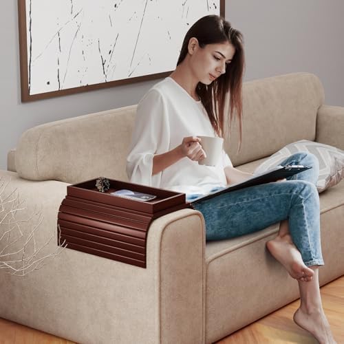 Bestjing 2 in 1 Bamboo Sofa Armrest Tray Table for Couch (Walnut) - Image 5