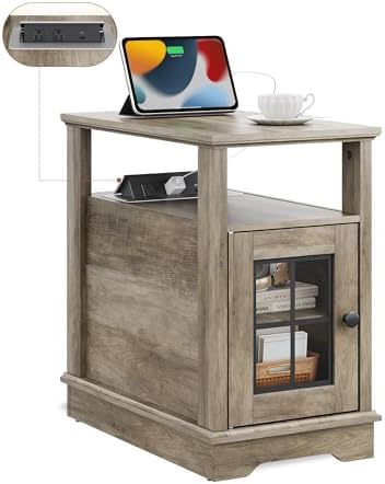 WLIVE Farmhouse End Table with Charging Station, Narrow Side Table with Storage, Small Nightstand with USB Ports and Outlets ，Bedside Cabine for Bedroom, Living Room,Greige by WLIVE