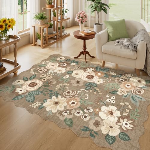 DUKINO 4x6 Area Rug, Non Slip Floral Washable Living Room Rug, Light Taupe - Image 3
