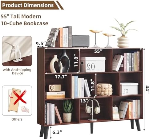 LEYAOYAO 10 Cube Bookshelf, Mid-Century Modern Book Shelf with Legs, Walnut - Image 2