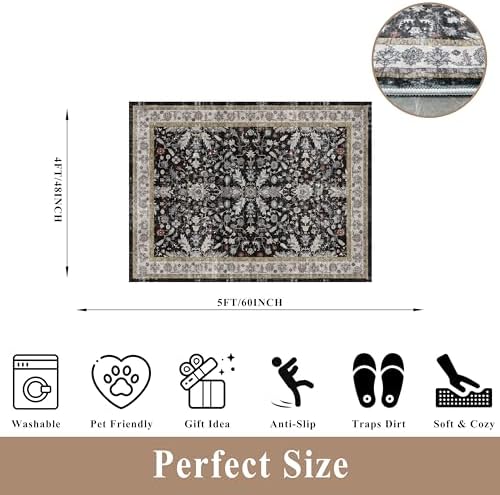 4x5 Kitchen Rug Washable Non-Slip – Soft Low Pile Indoor Carpet for Entryway Bathroom Living Room Bedroom – Boho Floral Small Throw Area Rug (Black,4x5) - Image 2