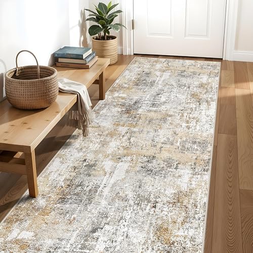 3x15 Ft Long Hallway Runner Rug - Non-Slip Washable Kitchen Runner Rug with Rubber Backing | Modern Abstract Wide Floor Carpet Runner for Indoor Entryway, Bedroom, Living Room (Gold Grey) by ZHXXUJ