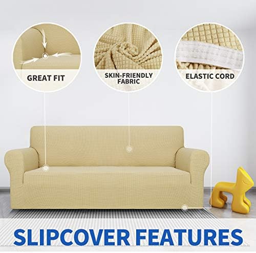 MAXIJIN Super Stretch Couch Cover for 3 Cushion Couch, 1-Piece Universal Sofa Covers Living Room Jacquard Spandex Furniture Protector Dogs Pet Friendly Fitted (Extra Large, Beige) - Image 3
