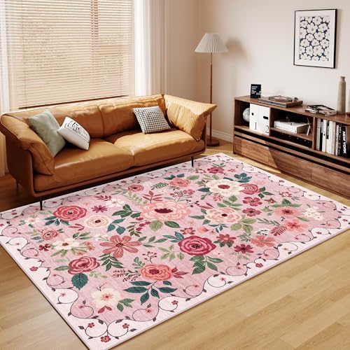 DUKINO 6x9 Area Rugs, Floral Washable Rug for Bedroom Non Slip, Pink - Image 4