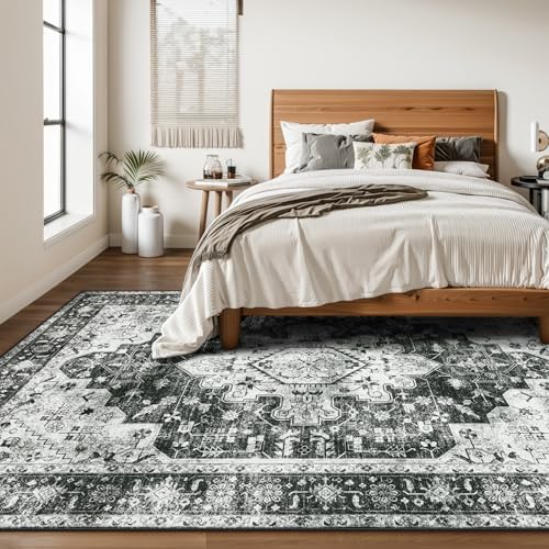 Moynesa Ultra-Thin Washable Area Rugs 8x10 Black and White Rugs for Living Room, Boho Large Rugs for Bedroom Non Slip Lightweight, Vintage Low Pile Carpet for Dining Room Home Office Decor - Image 7