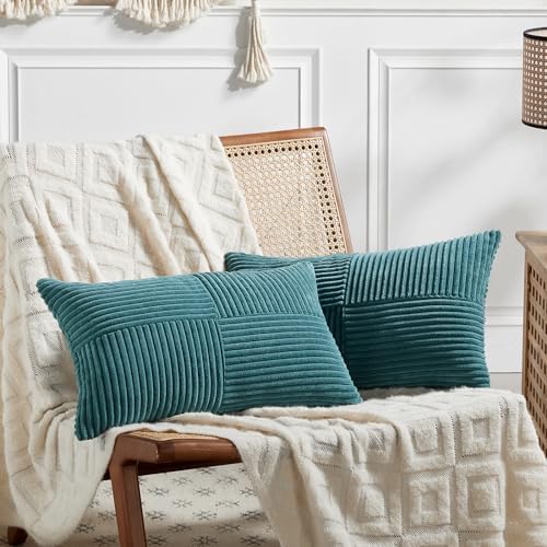 Fancy Homi 2 Packs Teal Long Lumbar Decorative Throw Pillow Covers 12x24 Inch for Couch Bed Sofa, Rustic Farmhouse Boho Home Decor, Soft Striped Corduroy Rectangle Accent Cushion Case 30x60 cm by Fancy+Homi
