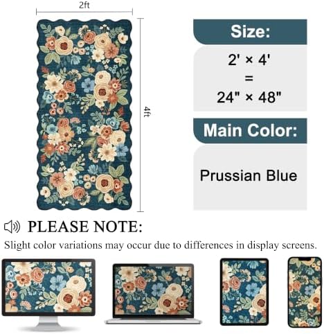 DUKINO 2x4 Rug for Entryway, Floral Washable Kitchen Rugs, Prussian Blue - Image 2