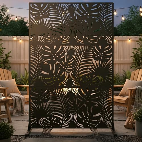 Metal Privacy Screen Outdoor – 72in Decorative Laser Cut Steel Garden Divider Panel with Tropical Leaf Design, Weatherproof Freestanding Modern Privacy Fence for Patio, Deck, Backyard & Balcony by TALLYVERUS