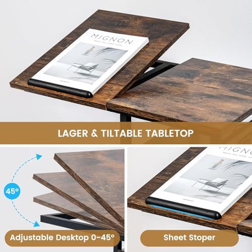 FLYJOE End Table C Shape with Charge Station, Tilting Top Side Table with Magazine Holder and Lockable Wheels, Easy Assembly for Living Room, Bedroom, Industrial Style, Rustic Brown - Image 3