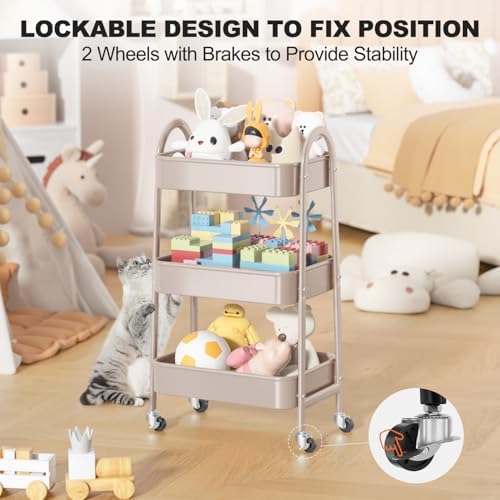 EAGMAK 3 Tier Rolling Cart, Large Metal Storage Cart with Handle and Lockable Wheels, Big Multifunctional Storage Organizer Trolley with Mesh Baskets for Kitchen, Living Room, Office, Garage (Beige) - Image 5