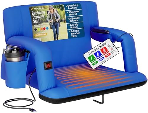 Alpcour Heated Reclining Stadium Seat for Bleachers – Wide Bleacher Chair with Back Support and Cushion, Armrests, Side Pockets, & Hook – Stadium Seats Chairs for Camping, Kayak, Paddle Board & More by Alpcour