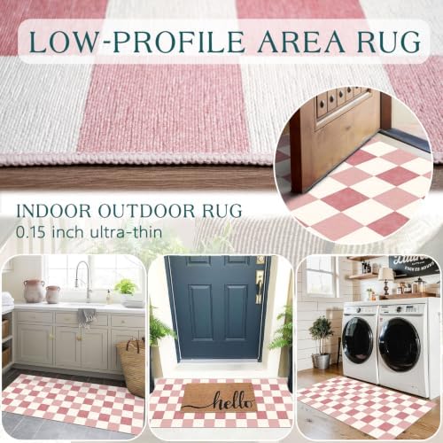 Front Door Mat Indoor Entrance, 2x4.3 Cute Pink White Checkered Rug - Image 4