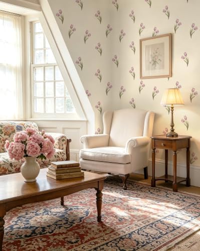 Safiyya Vintage Floral Peel and Stick Wallpaper 17.3''x197'' Retro Tulip Flower for Gilrs Room Contact Paper for Cabinets Self Adheisve Removable Wallpaper for Bedroom Accent Wall - Image 3