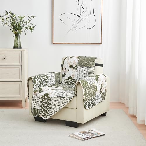 Great Bay Home Reversible Patchwork Chair Cover - Washable Slipcover Furniture Protector with Elastic Straps - Perfect for Kids & Pets - Box-Stitched Detail (Olive/Brown) by GreatBayHome