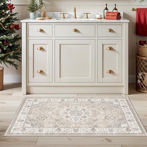 Washable 2x3 Entryway Area Rug - Neutral Kitchen Rug Runner Vintage Soft Floor Mat Non Slip Indoor Farmhouse Carpet for Bathroom Living Room Bedroom (2 X 3, Beige) - Image 3
