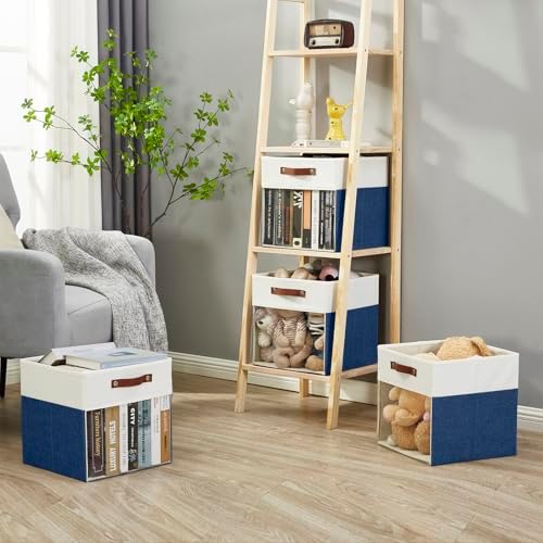 Bagnizer Storage Cubes, 4 Pack Linen Foldable Storage Bins (13 x 13 inch) with Clear Window and Handles, Fabric Organizer for Shelf Closet, Clothes, Books - (Navy Blue and White) - Image 6