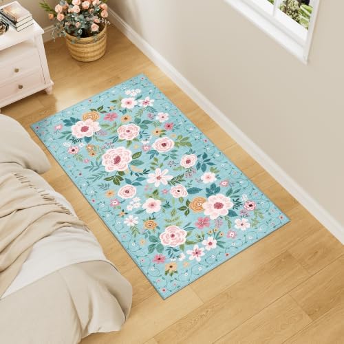 DUKINO 2x4 Entryway Rug, Floral Washable Kitchen Rugs Non Slip, Teal - Image 3