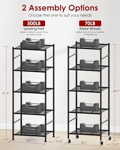 Sakugi 5-Tier Storage Shelves 18.1x12.6x58.7 Black with Wheels - Image 3
