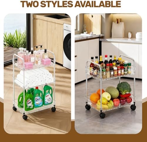2 Tier Utility Rolling Cart with Wheels Multifunctional Storage Cart Under Desk Storage Organizer with Handle and Hooks for Home Kitchen Office Bathroom Organization Transparent - Image 4