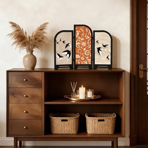 3-Panel Desktop Folding Screen, Swallow and Flower,Desk Partition by YOOSART