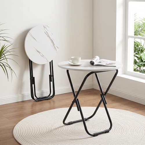 VECELO 17.7" Folding Table, Small Round Patio Outdoor Side Table, Foldable Wooden Table with Weather Resistant Steel Frame, Patio Table for Camping Picnic Garden Living Room Bedroom - Image 2