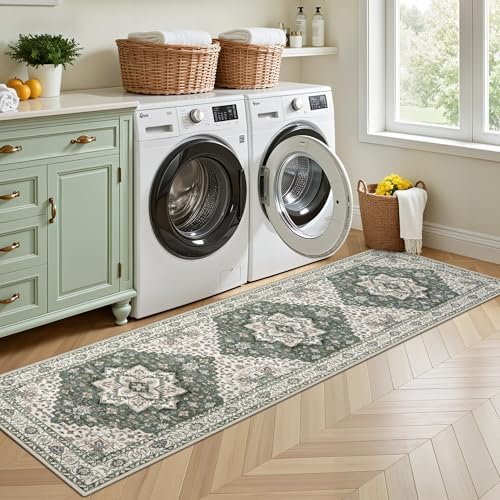 Hallway Runner Rug: 2.6x8 Kitchen Rugs for Living Room Green Ivory - Image 5