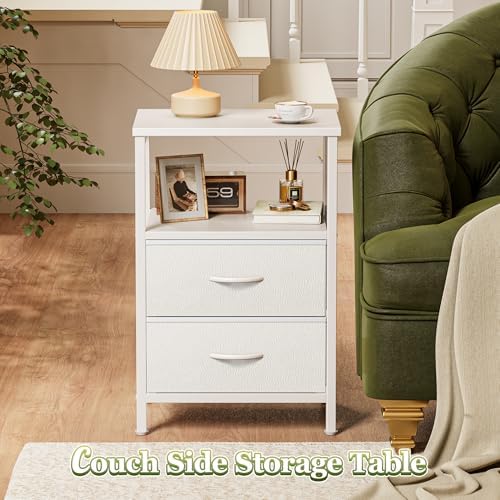Huuger Night Stand Set of 2, Nightstand with 2 Drawers, Bed Side Table with Open Shelf, Wooden Top, End Table, PU Leather Fabric Drawer Surface, for Bedroom, White - Image 2