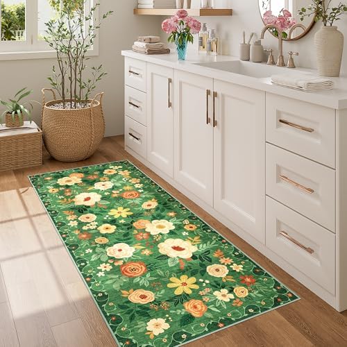 DUKINO 2x5 Runner Rug, Floral Washable Rug for Kitchen Non Slip, Dark Green - Image 3