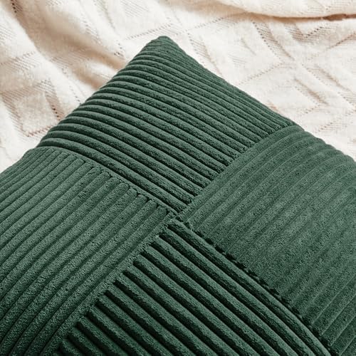 Fancy Homi Set of 2 Dark Green Decorative Throw Pillow Covers 16x16 Inch for Living Room Couch Bed, Boho Farmhouse Forest Green Home Decor, Soft Corss Corduroy Patchwork Textured Cushion Case - Image 4