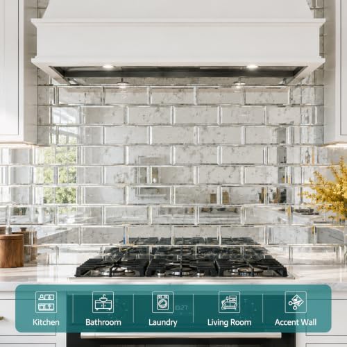 Peel and Stick Mirror Tiles, 3x6 Inch Beveled Mirror Tile Light Antique for Kitchen Bathroom Wall 40 Pcs - Image 6
