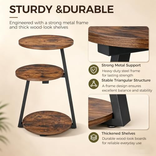 BEWISHOME Small Round Side Table, 3-Tier End Table with Storage Shelves - Image 6