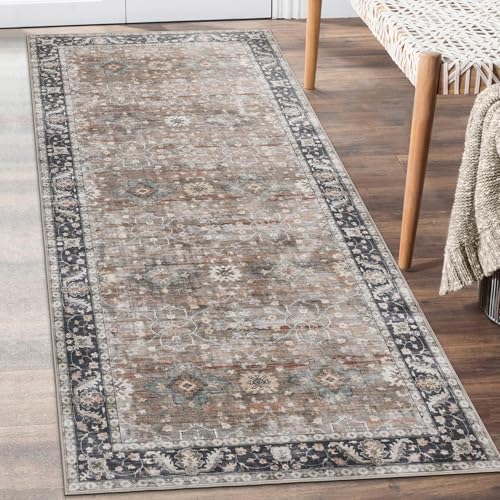 ReaLife Rugs Machine Washable Area Rug Runner - Living Room Bedroom Bathroom Kitchen Entryway - Padded Low Pile Stain Resistant Premium - Boho Farmhouse Vintage - BEV - Beige Tan Brown 2'6" x 6' by ReaLifeRugs