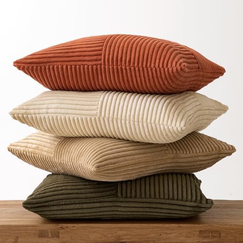 MIULEE Rust-Olive Green Decorative Throw Pillow Covers 20x20 Inch Set of 4 Boho Color-Clash Cushion Cases Farmhouse Pillow Cases Corduroy Striped Home Decor for Couch Sofa Living Room Bed - Image 6