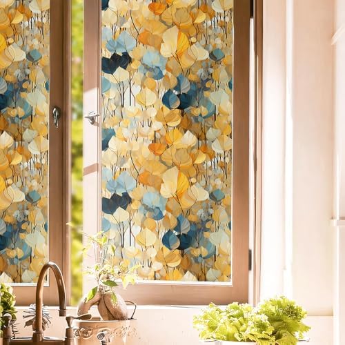 Boho Yellow Blue Ginko Leaf Stained Glass Window Films Decorative Double-Side Privacy Film Self-Adhesive Static Window Clings for Living Room Bathroom Windows Decor by Unknown