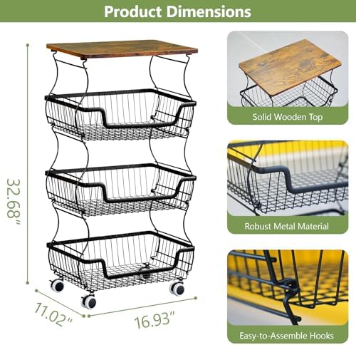 Kitchen Storage Cart on Wheels, 4 Tier Rolling Stackable Pantry Floor Organizer, Kitchen Fruit Basket Stand for Home Removable Metal Vegetable Rack Wire Snack Cart - Image 2