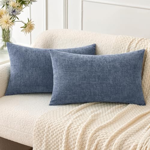 MIULEE Chenille Lumbar Throw Pillow Covers Dark Grey Blue 12x20 Pack of 2 by MIULEE
