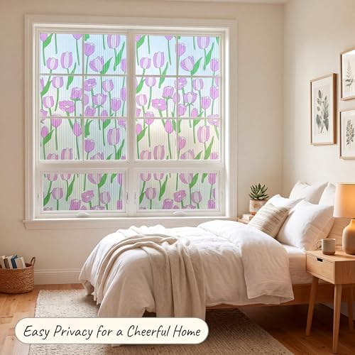 Pink Tulip Stained Glass Flower Window Film Privacy No Glue Cover 35x78.7in - Image 6