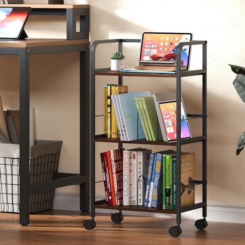 Feyejade Rolling Book Cart with Removable Dividers, 3-Tier File Cart with Wheels, Utility Storage Rack for Office, Home, Classroom, Art Supply Organizer, Binder and Laptop Shelf Rack - Image 7