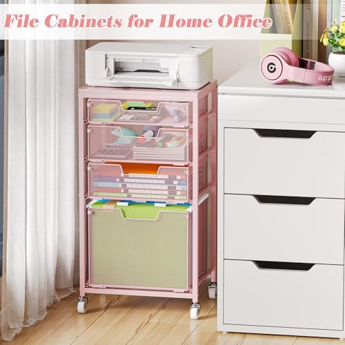 Sbanmao 4 Drawer Rolling File Cart Under Desk Storage, File Cabinets for Home Office, Mobile Filing Cabinet, Hanging File Organizer with Wheels, Utility Cart Printer Stand, Pink - Image 7