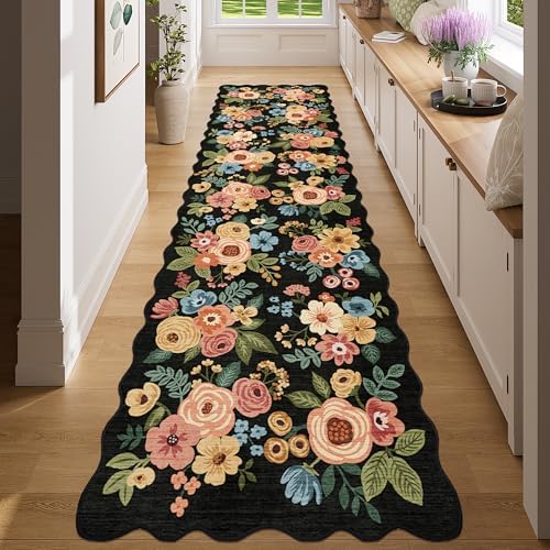DUKINO 2x8 Washable Runner Rug, Floral Non Slip Kitchen Runner Rug, Black - Image 6