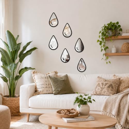 1 Set 6pcs Teardrop Mirror Wall Stickers, Self Adhesive Decorative Mirror Tiles, 5.9 x 3.5 Inch Water Drop Wall Mirror Decor for Bedroom Bathroom Living Room Entryway Modern Boho Accent - Image 3