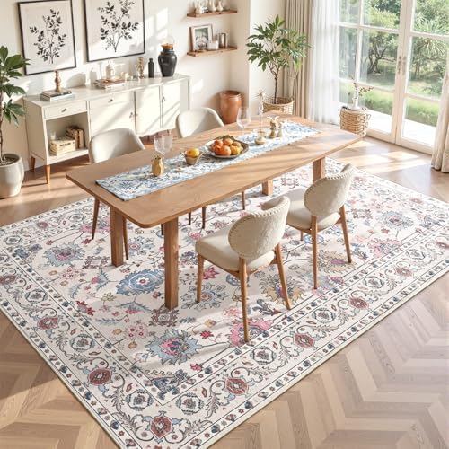 Hanples 5x7 Area Rugs for Living Room, Washable Rug Vintage Floral, Beige - Image 3