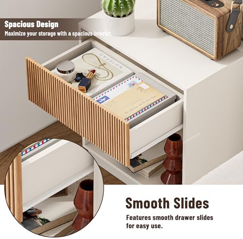 Fluted Nightstands Set of 2, Modern Bedside Table with Drawer and Storage Shelf, Wood End Table Mid Century Night Stands for Bedroom Living Room Sofa Couch Office (White+Oak) - Image 5