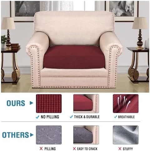 H.VERSAILTEX Super Stretch Individual Seat Cushion Covers Sofa Covers Couch Cushion Covers Slipcover Sets Thick Jacquard Textured Twill Fabric (1 Piece Chair Cushion Cover, Burgundy Red) - Image 2